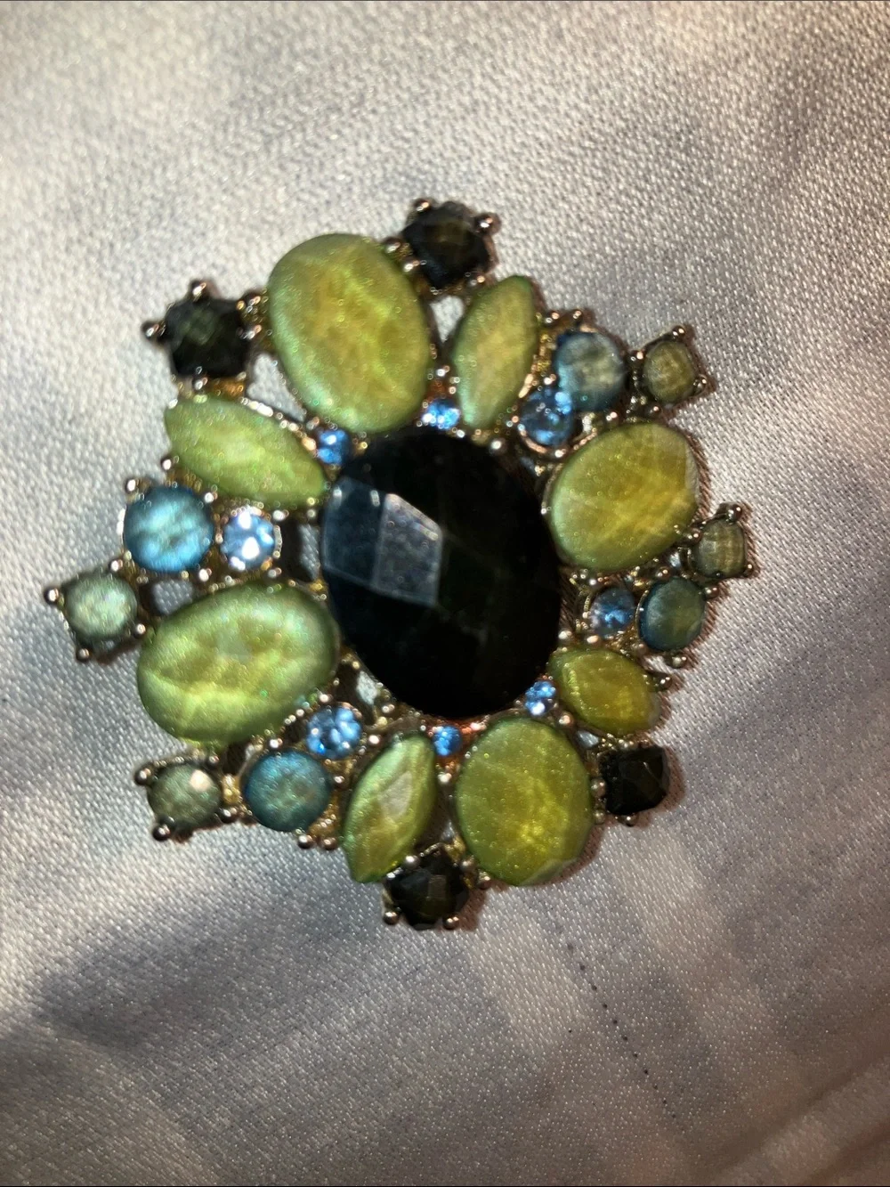 Vintage Green and Blue Floral Crystal Brooch - Elegant Statement Accessory